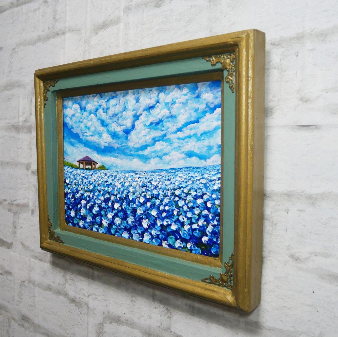 油絵 油彩 油彩画 絵 絵画【青空と雲のネモフィラ】