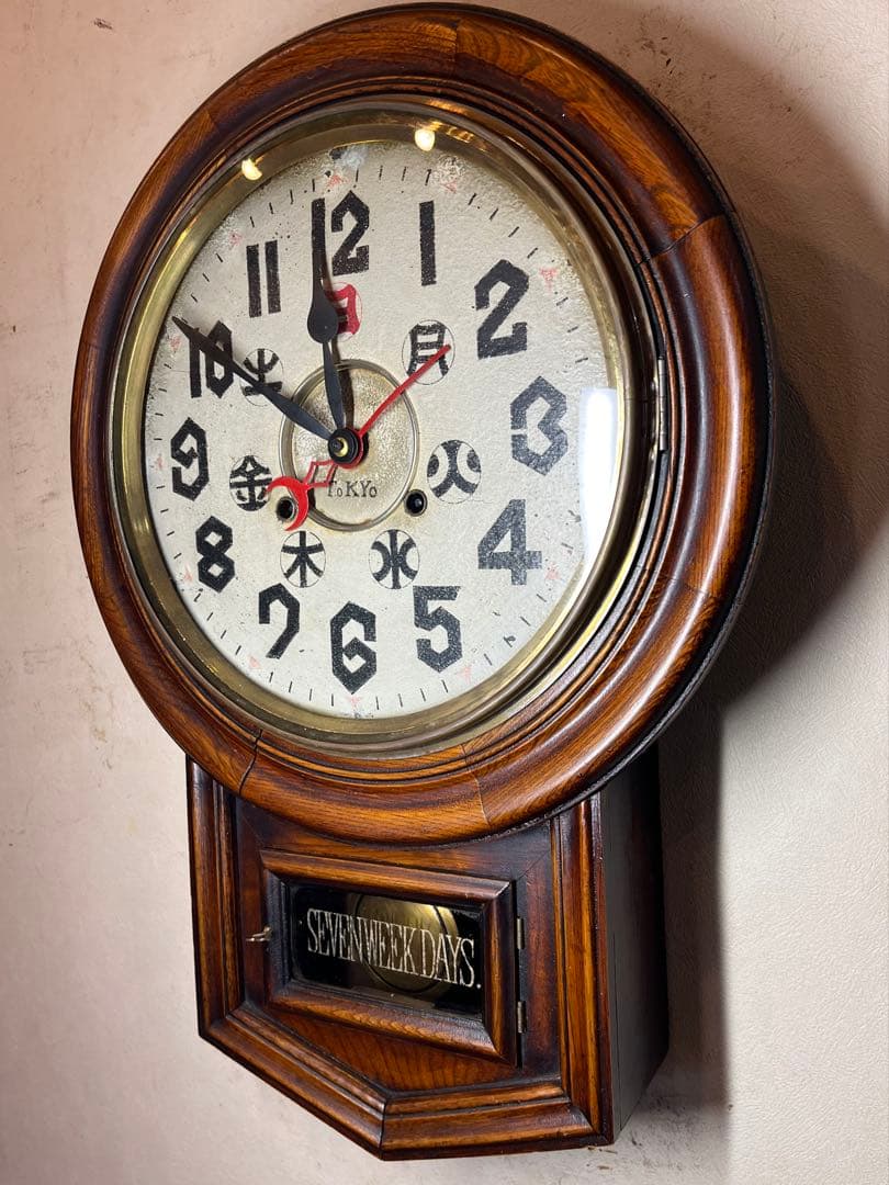 七曜日カレンダー付　柱時計　古時計　振り子　レトロ　ゼンマイ　精工舎　ゼンマイ