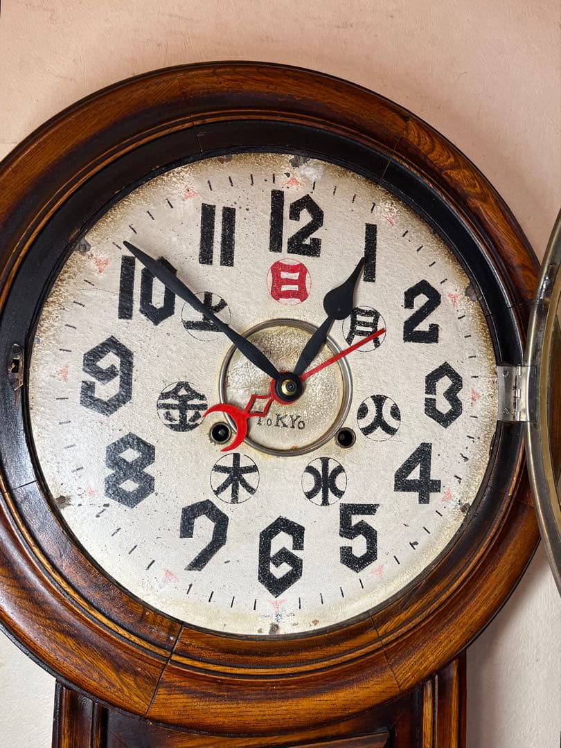 七曜日カレンダー付　柱時計　古時計　振り子　レトロ　ゼンマイ　精工舎　ゼンマイ