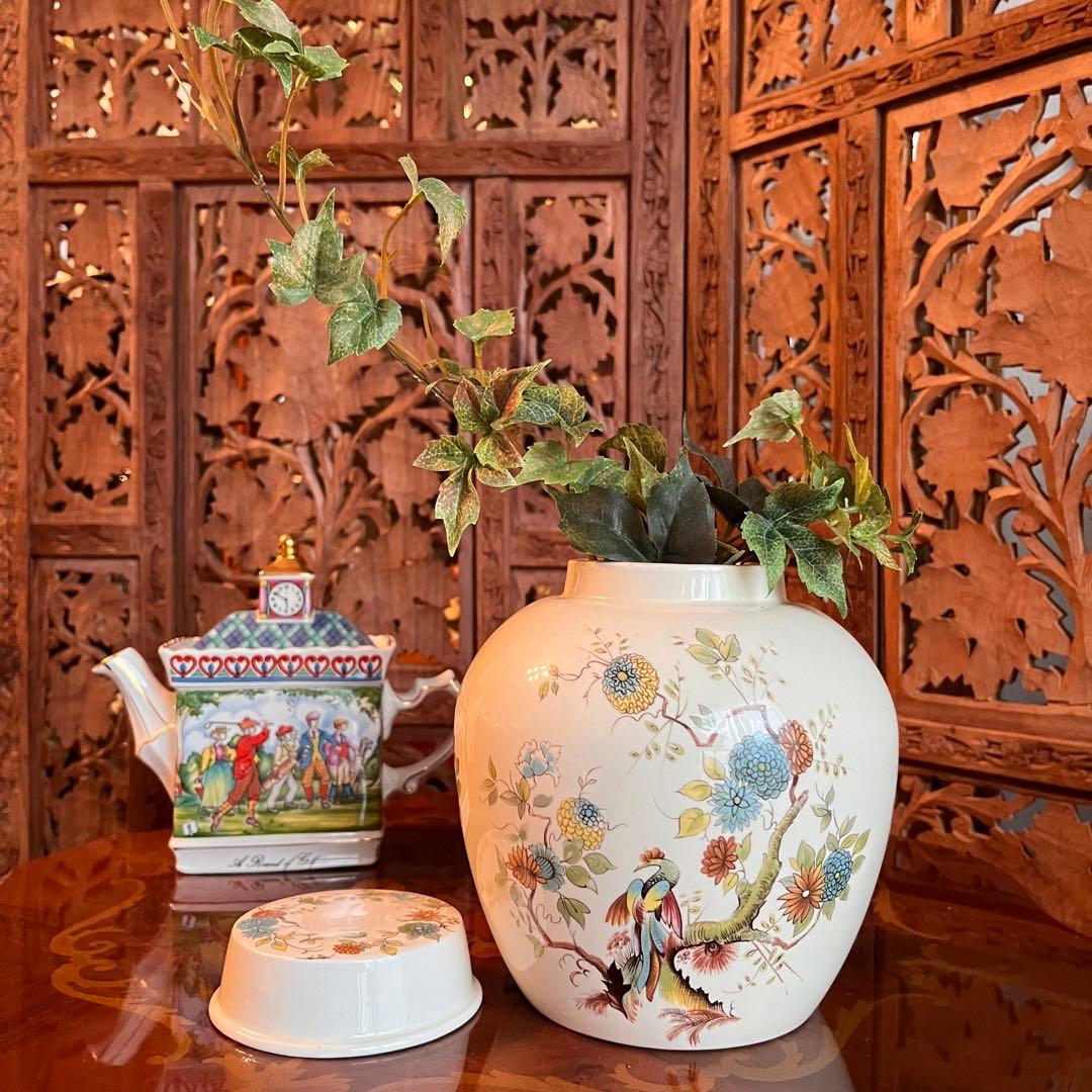 英国Royal Cauldon アンティーク茶葉入れ 花鳥柄 シノワズリ 紅茶壺