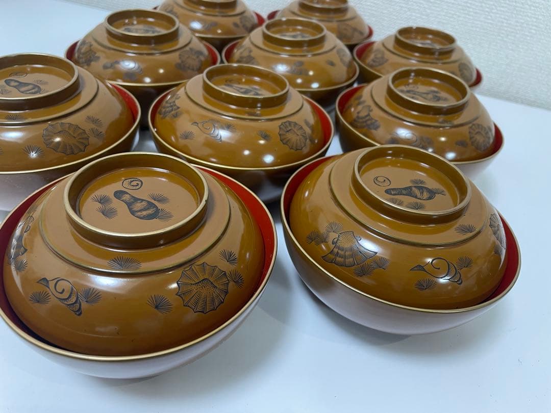 漆器 時代 黄漆 内朱塗 漆器 吸物 懐石椀 煮物椀 10 客 松 貝柄