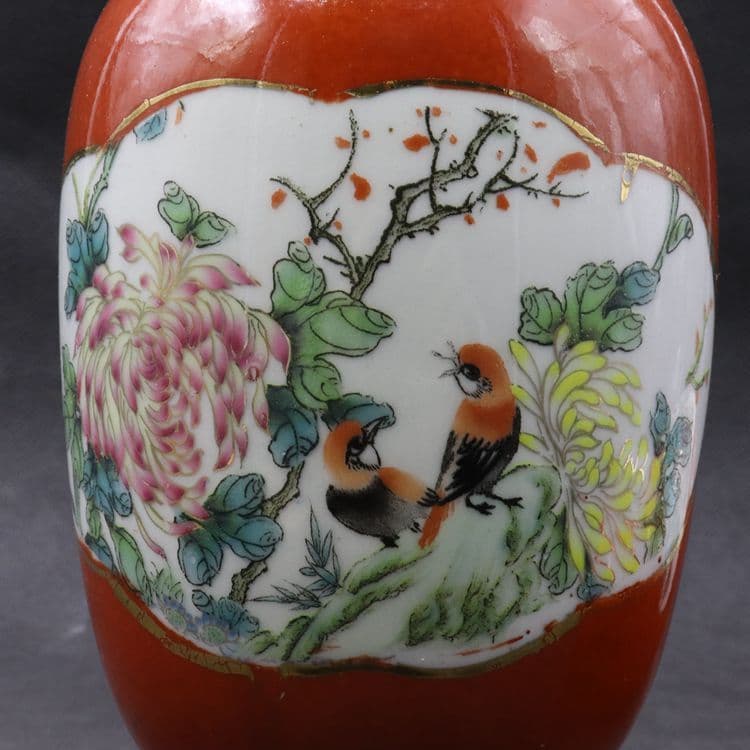 紅釉蒔絵花鳥観音瓶一対 景徳鎮 陶磁器 装飾品 現代工芸品