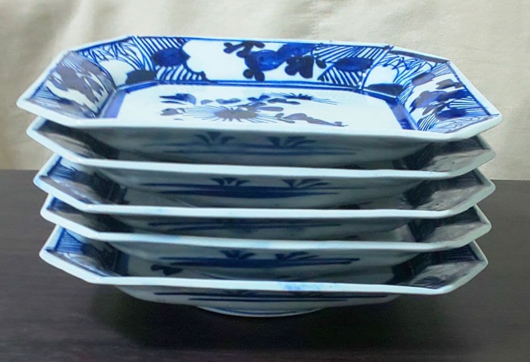 古伊万里 青い花柄 八角陶磁器 中皿5枚セット
