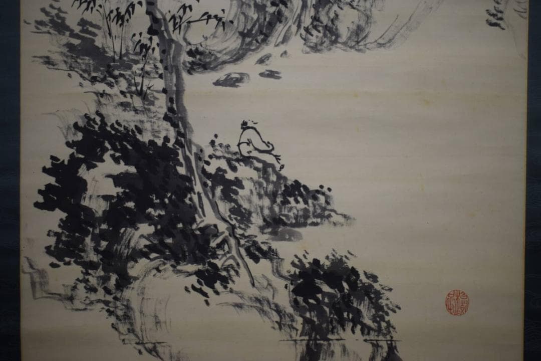 真作/松本清堂/山水人物庭園図/絹表装/布袋屋掛軸HJ-243