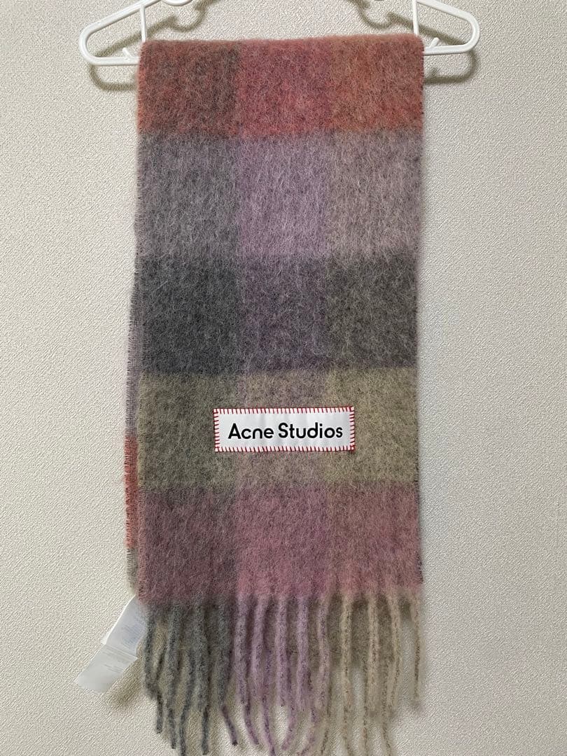 Acne Studios マフラー グレー ピンク チェック柄 フリンジ付き Acne