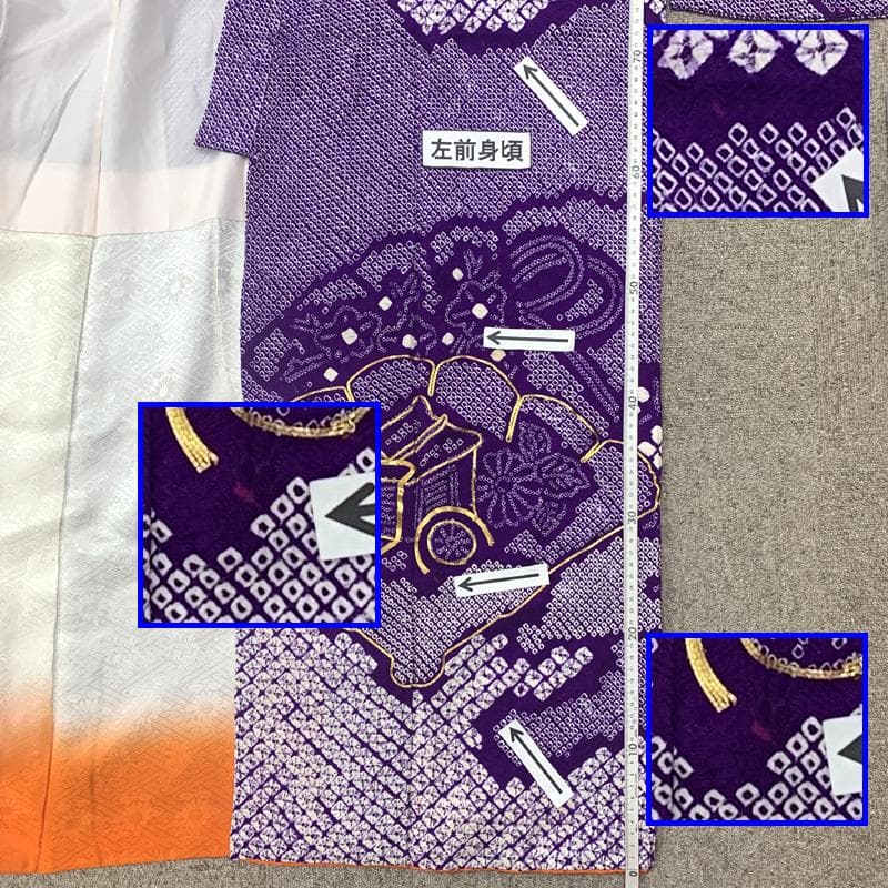 506ag40□七五三 七歳 女児 着物&袋帯 総絞り 金駒刺繍 紫□良好