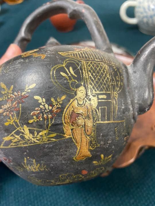 朱泥 急須 彩絵 漆絵 時代