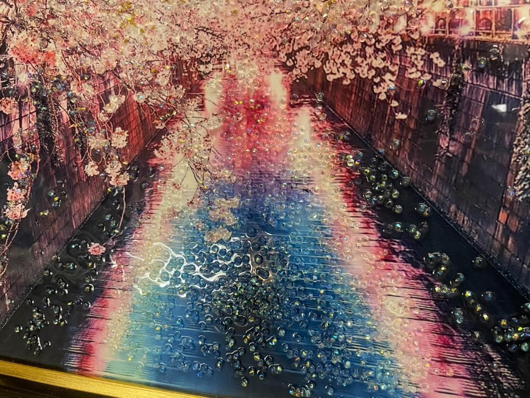 水晶絵　アートパネル　桜　夜桜　目黒川　ハート　さくら　夜景　絵画　絵　壁掛け