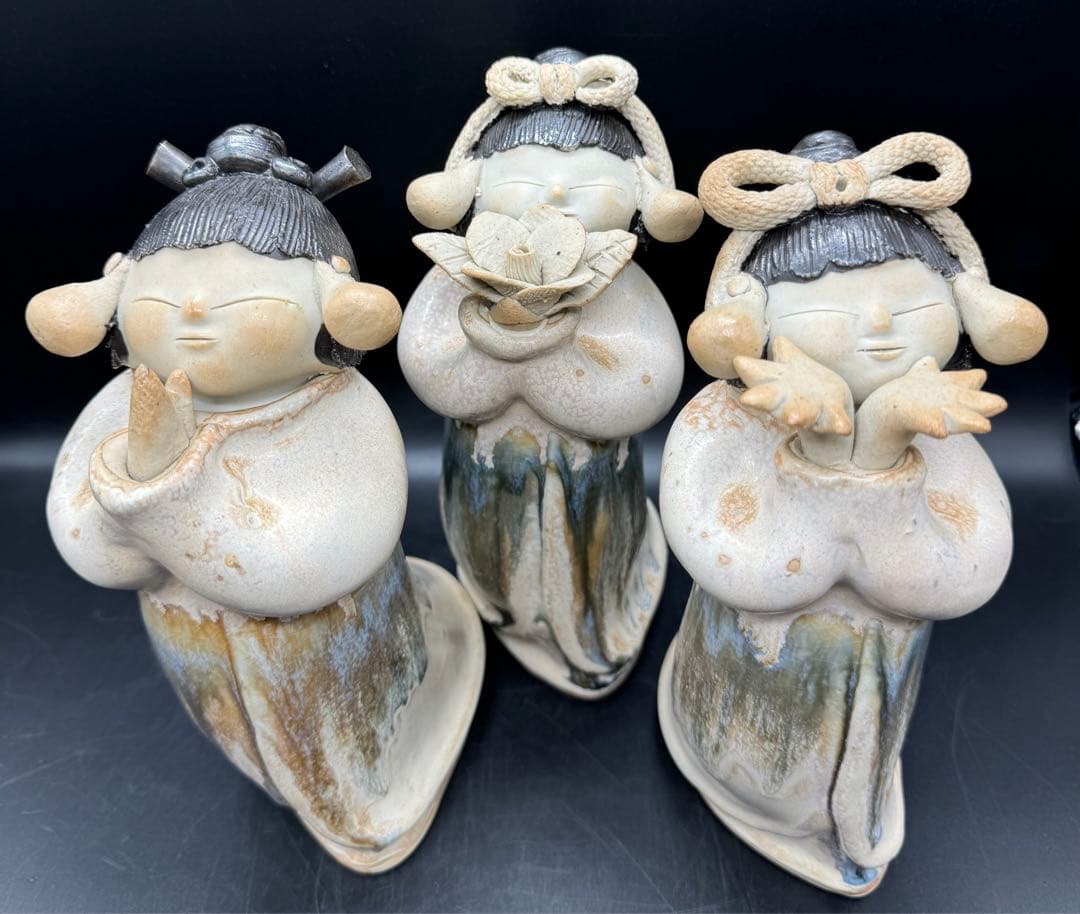 難あり】砥部焼 森元青芳「念ずれば花開く」3体セット