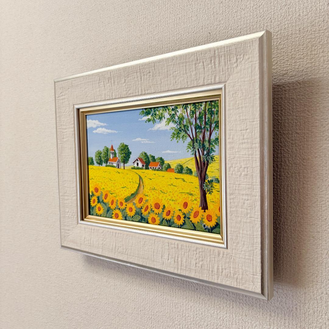 アクリル画　原画　「ひまわりの丘13」額縁付き　SMサイズ　風景画