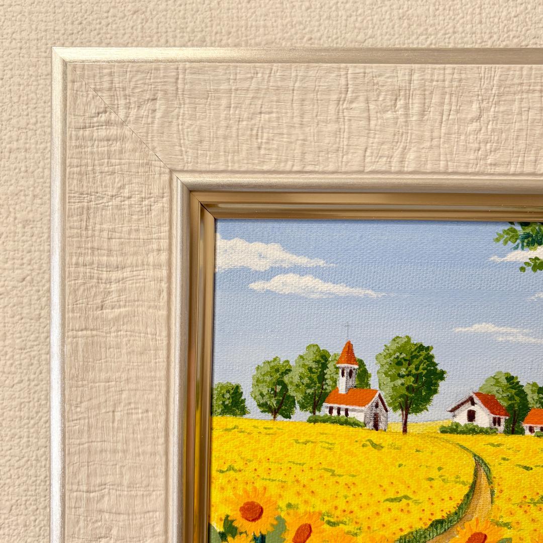アクリル画　原画　「ひまわりの丘13」額縁付き　SMサイズ　風景画