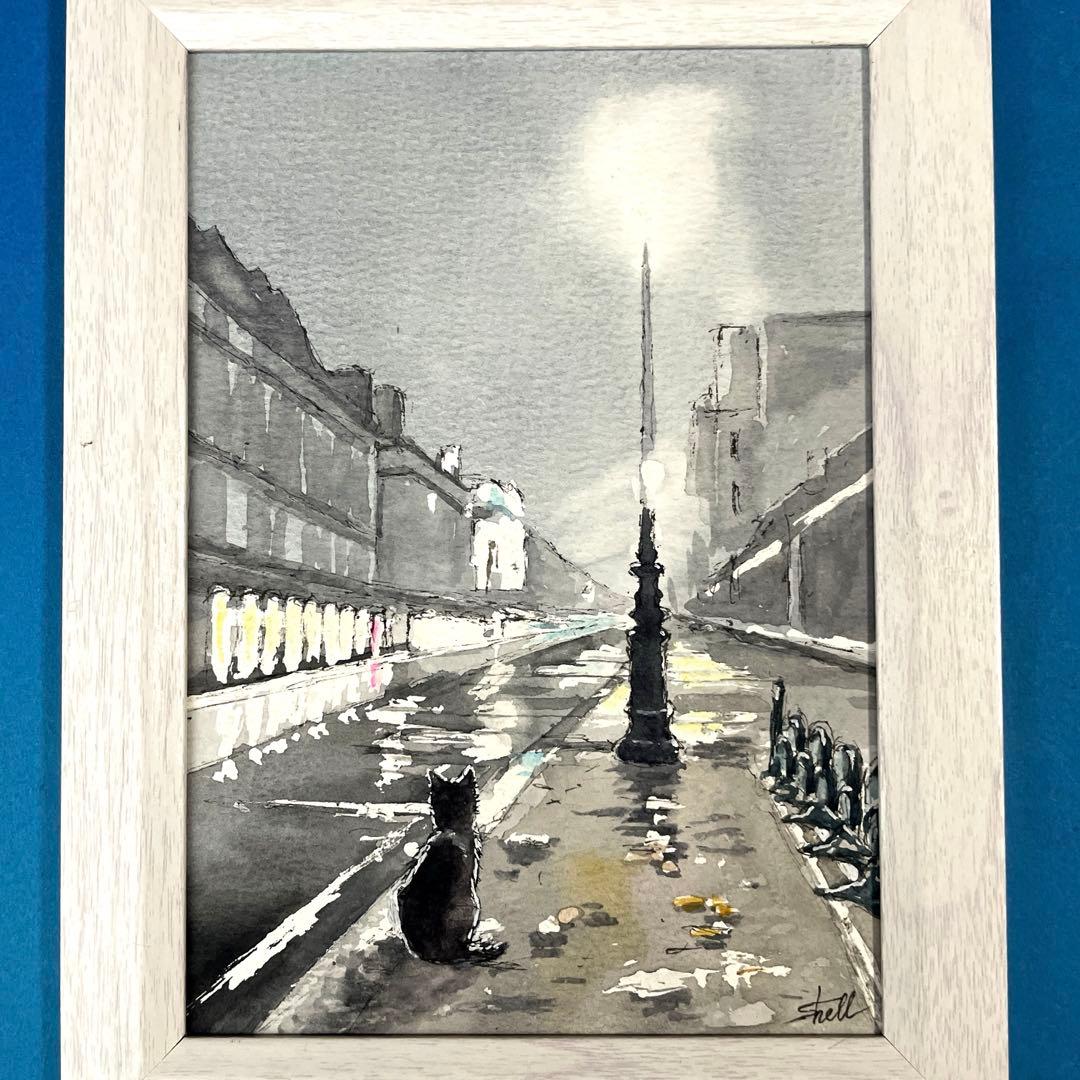 水彩画 雨上がりの街灯の下で 2L size 原画 - メルカリ