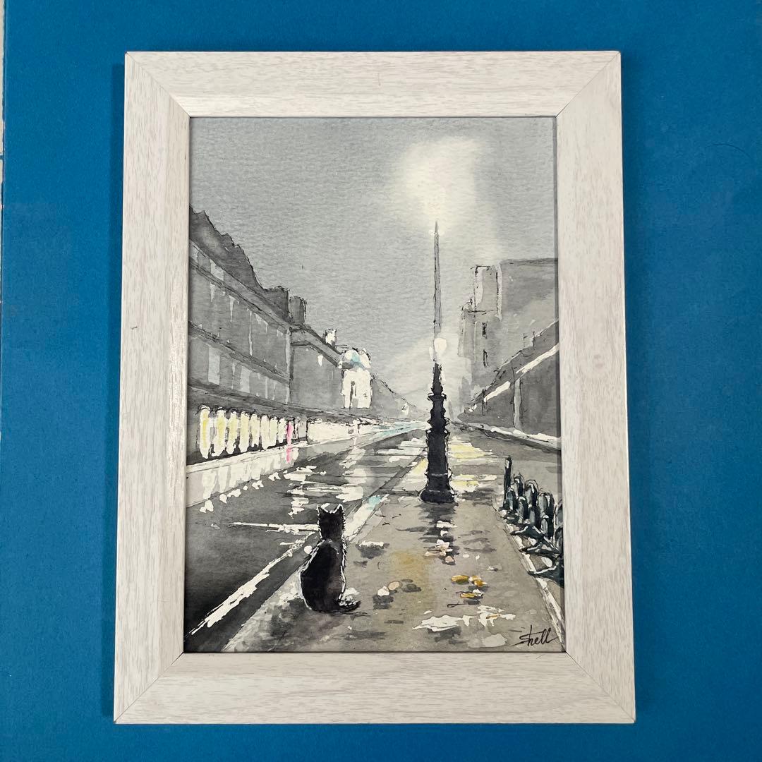 水彩画 雨上がりの街灯の下で 2L size 原画 - メルカリ