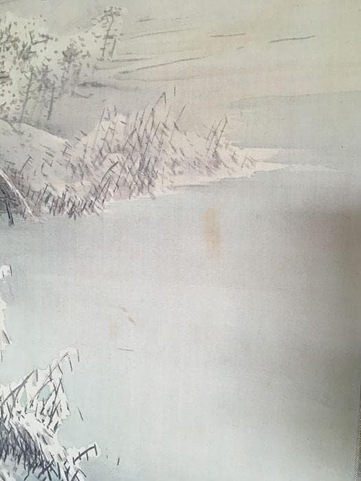 掛軸 湖畔雪景 絹本 銘あり 共箱 中古 古物 19.08.03-2.