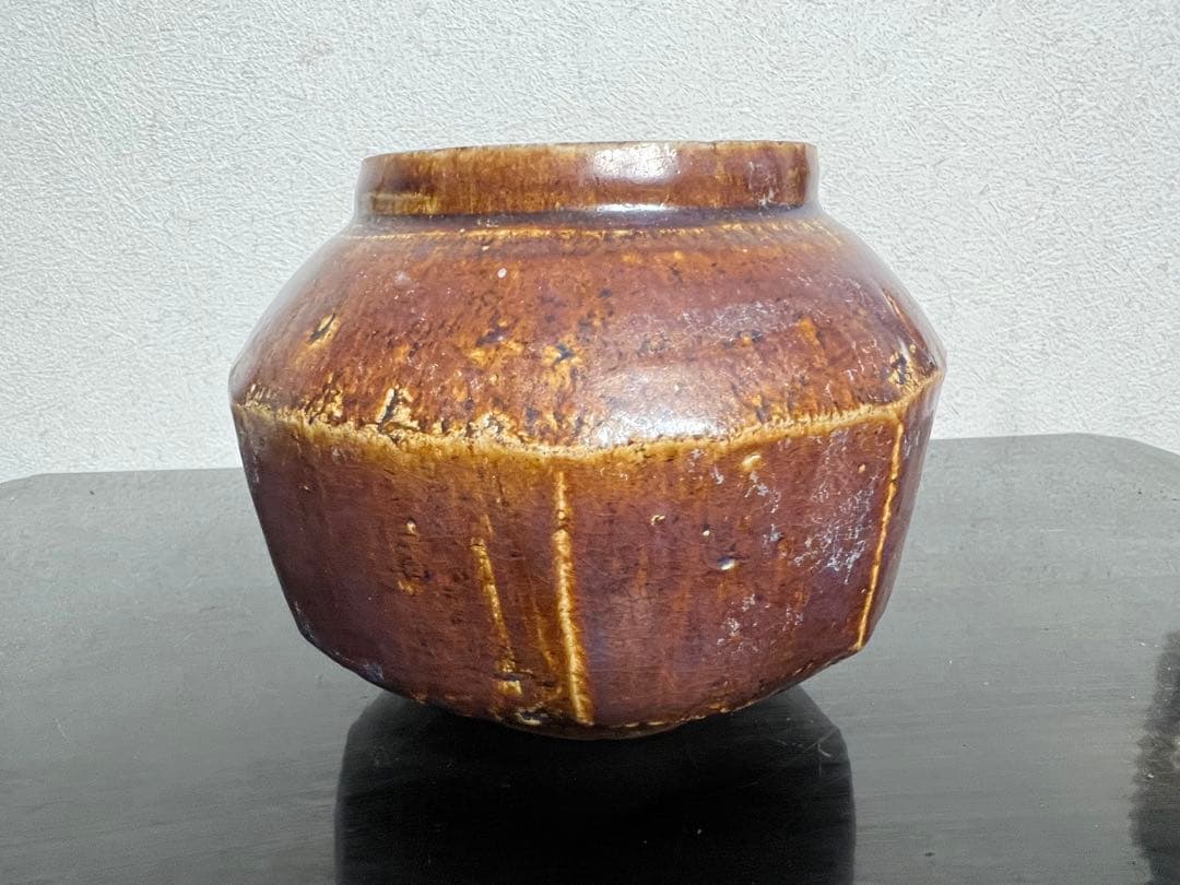 李朝 面取 小壺 飴釉 卯の浮 花入 鑑賞陶器 朝鮮