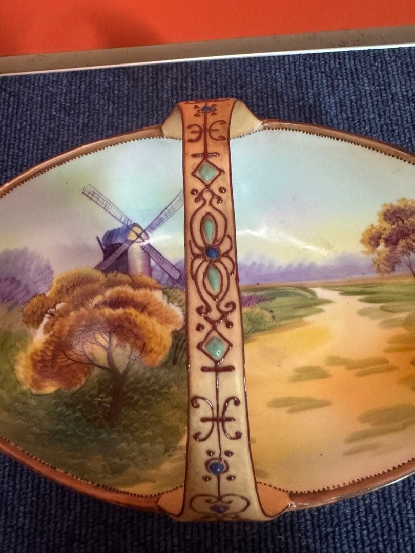 1846 【明治アンティーク】オールドノリタケ 風車図 手提皿 時代物