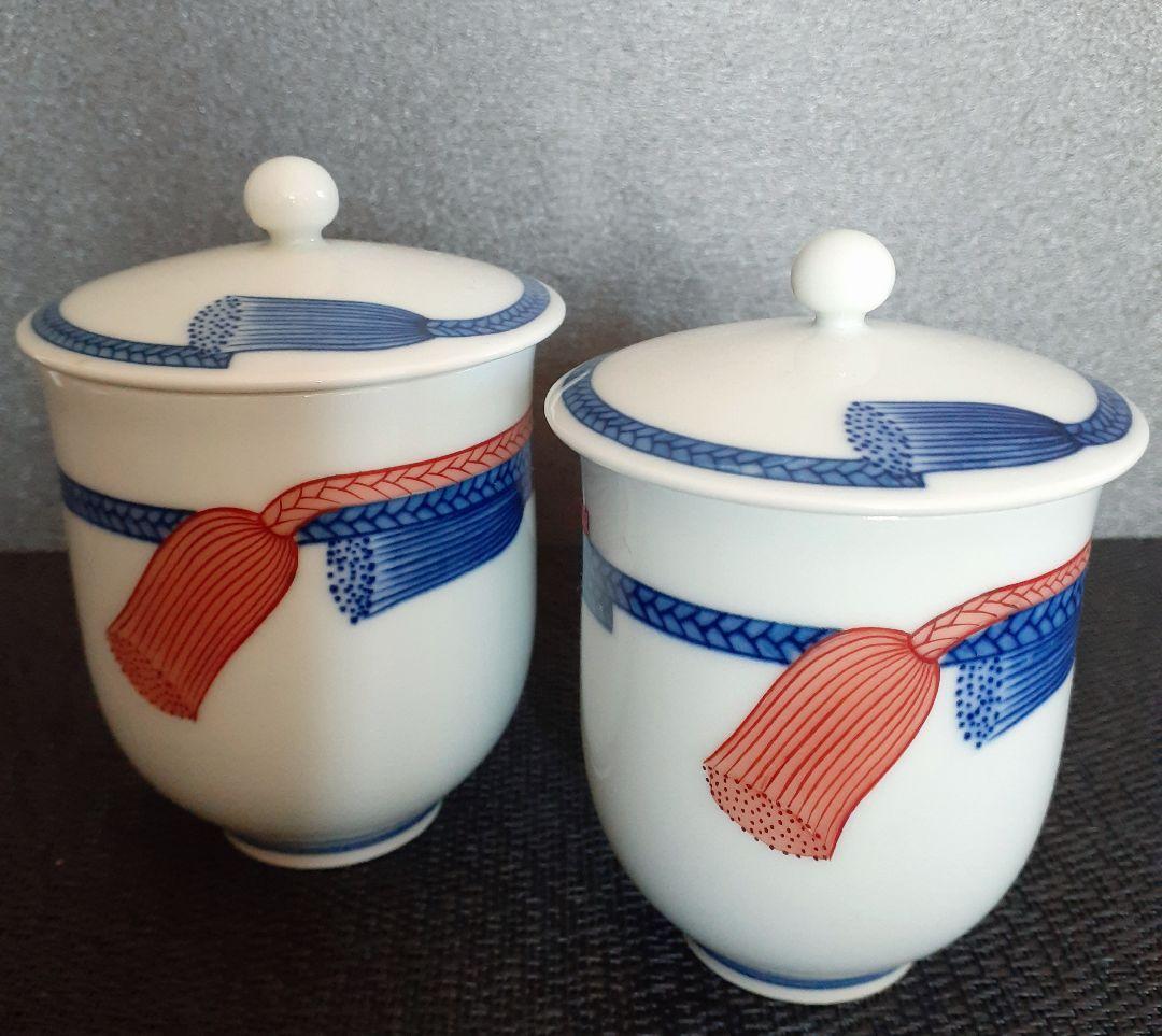 人間国宝13代今泉今右衛門錦紐絵 夫婦湯呑み茶碗共箱縁起物吉祥図柄