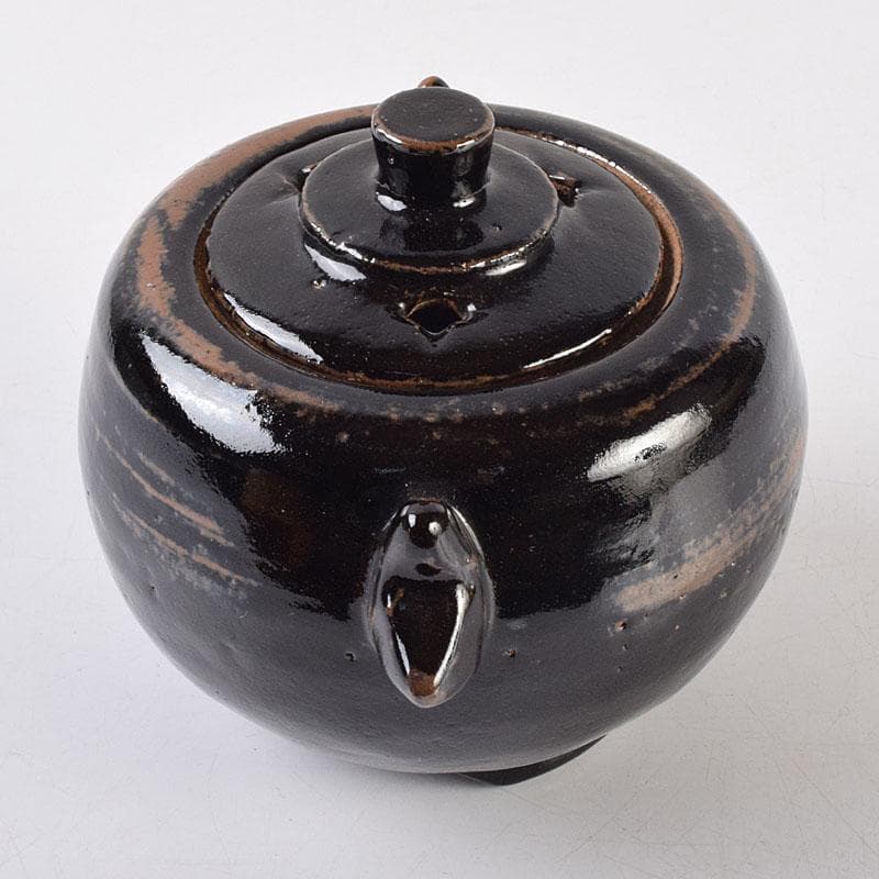 人間国宝 濱田庄司作 黒釉 双耳香炉 蓋付香炉 共箱 M