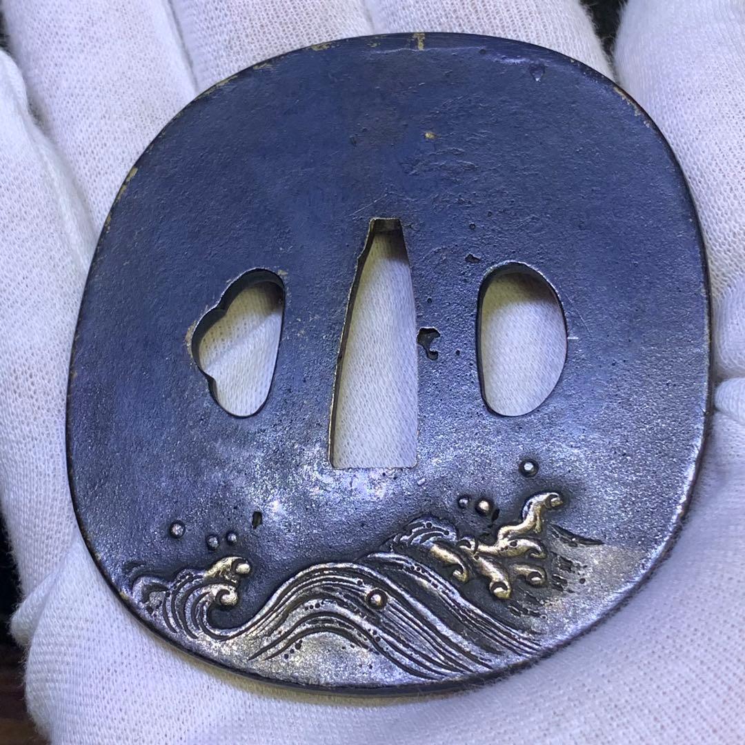 《アンティーク希少レア品！》⭐︎荒波 鳥 鍔つば　江戸期 銅 刀剣鍔♪⭐︎