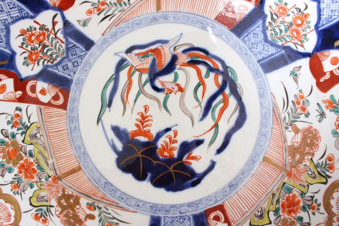 No4436 古伊万里　染錦大皿2点　赤絵　金襴手　鳳凰　花鳥　古美術　送料無料