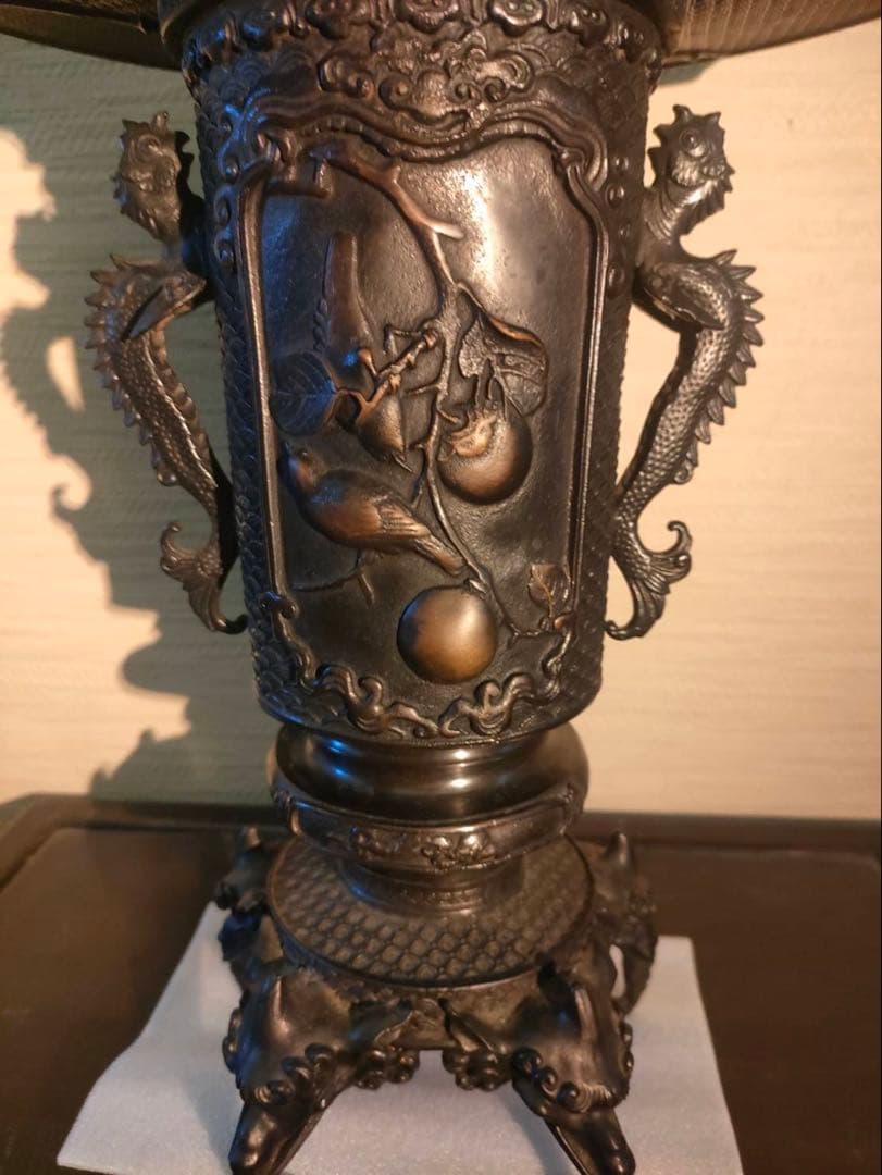 薄端 青銅製 龍双耳 五足 人物花鳥紋 獣足 幅32㎝ 重量約7kg