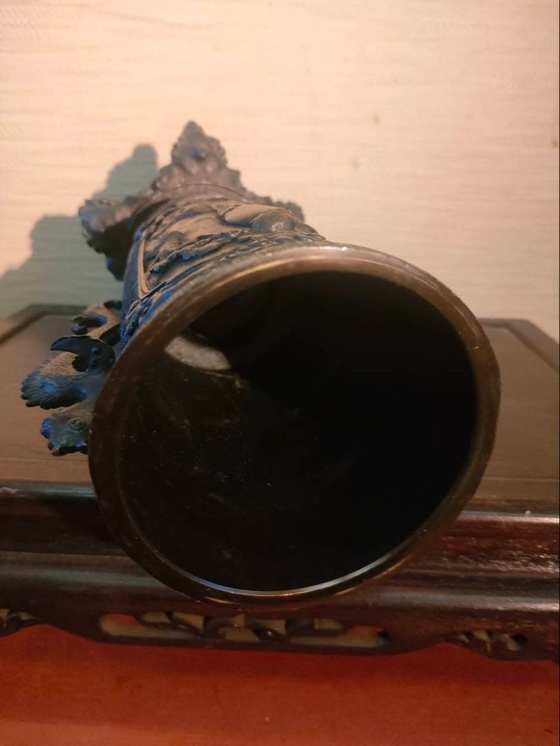 薄端 青銅製 龍双耳 五足 人物花鳥紋 獣足 幅32