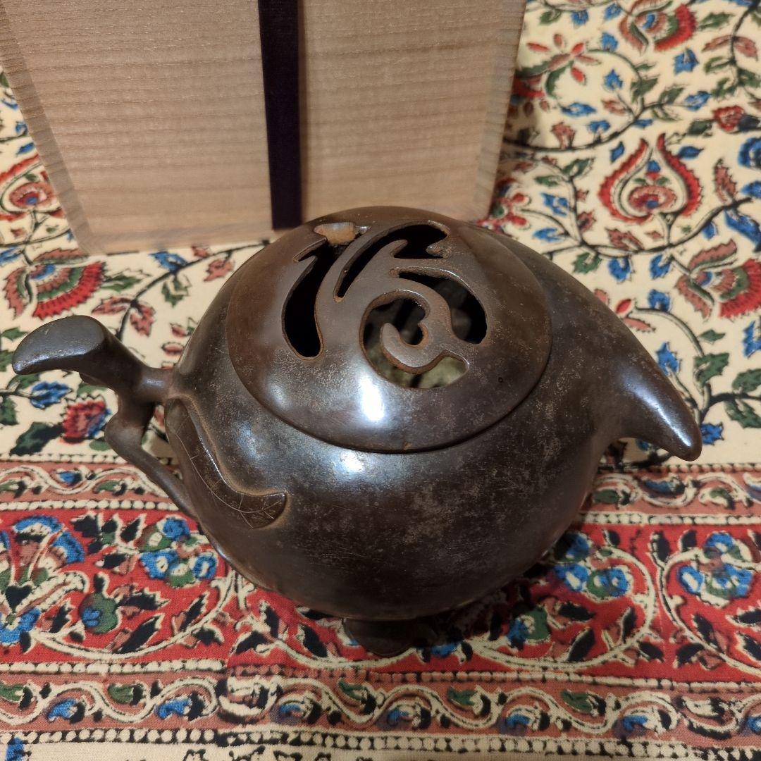 唐銅 桃型 香炉 蓋福字透かし