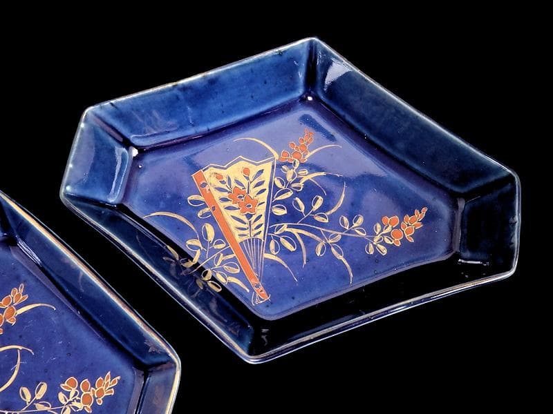 古伊万里　瑠璃　扇に桔梗の図　菱形変形皿　２客　D039AS-DAm