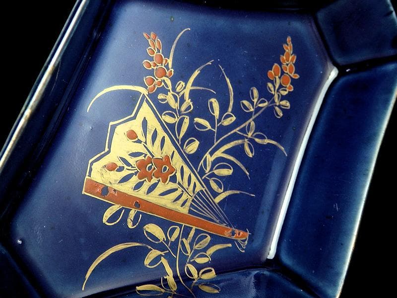 古伊万里　瑠璃　扇に桔梗の図　菱形変形皿　２客　D039AS-DAm