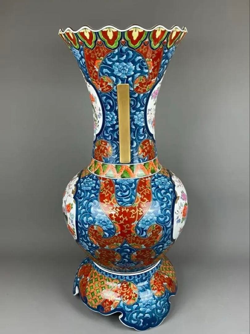 有田焼銘工 藤井勝雲 極上 染錦 花鳥図花瓶 金箔 金彩色絵 双耳 飾壷 置物