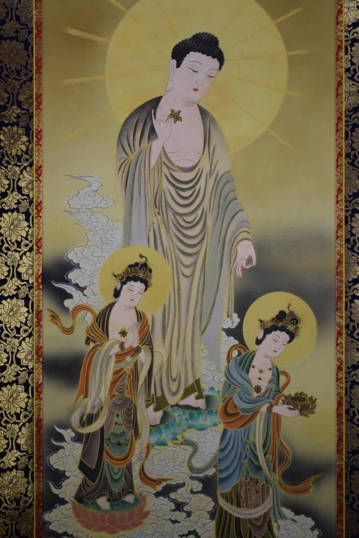 真作/福田素仙/三尊佛図/桐共箱付/布袋屋掛軸HE-951/