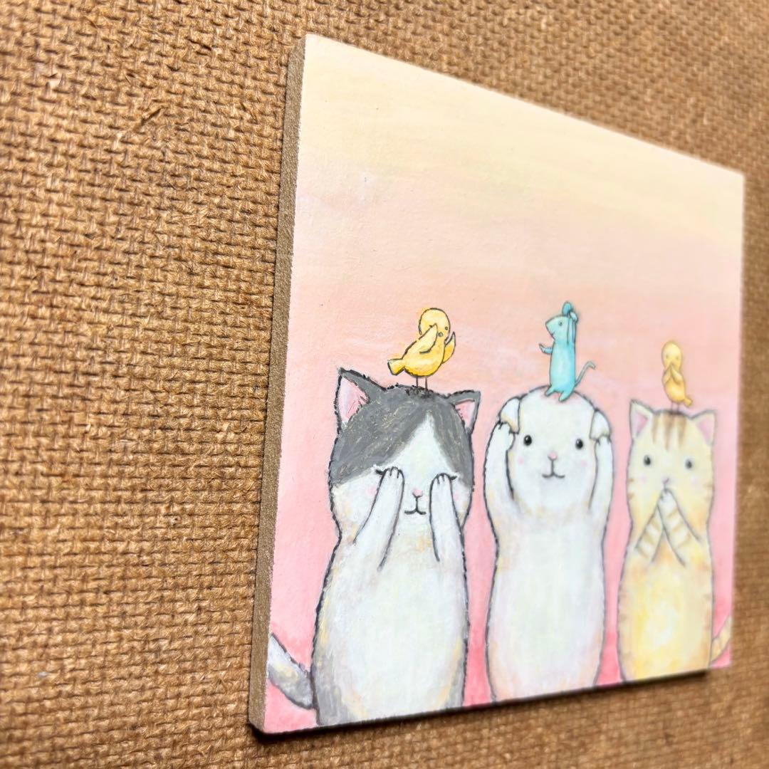 自作絵画 見ざる、聞かざる、言わざる 猫とネズミと小鳥の絵 - メルカリ