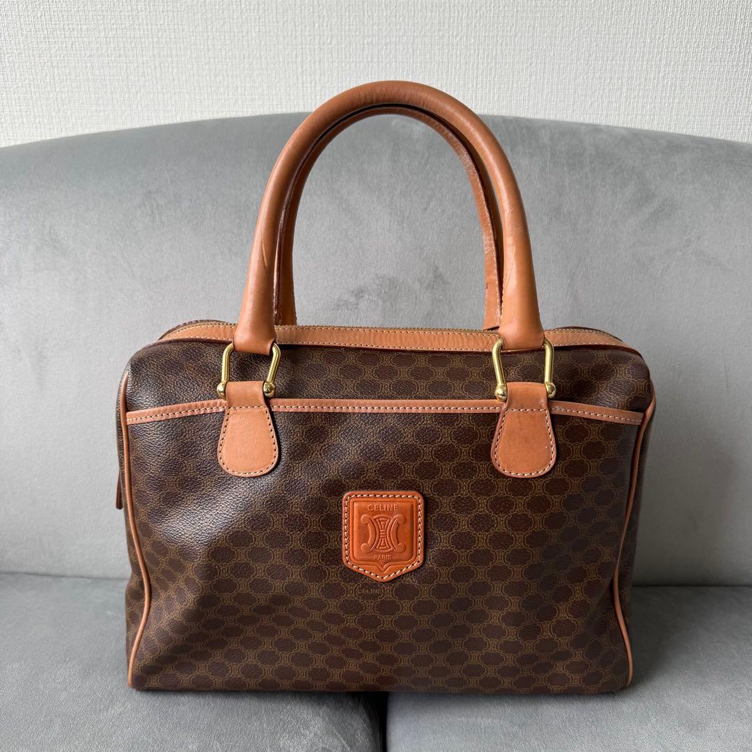 セリーヌ マカダム ハンドバッグ ミニボストンバッグ PVC レザー ブラウン