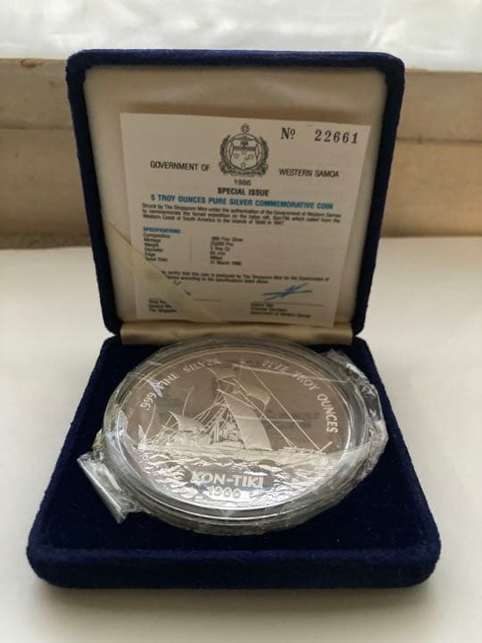 西サモア 25ドル 1986年 コンチキ号探検記念銀貨 5 オンス ia2002 西サモア