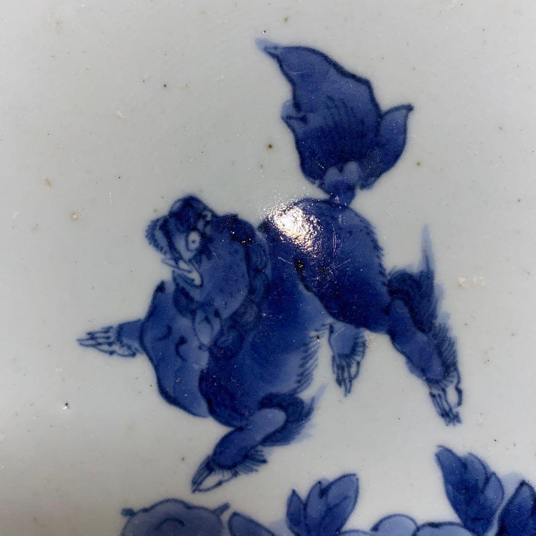 古染付 藍柿右衛門 唐獅子牡丹紋皿 江戸1670頃