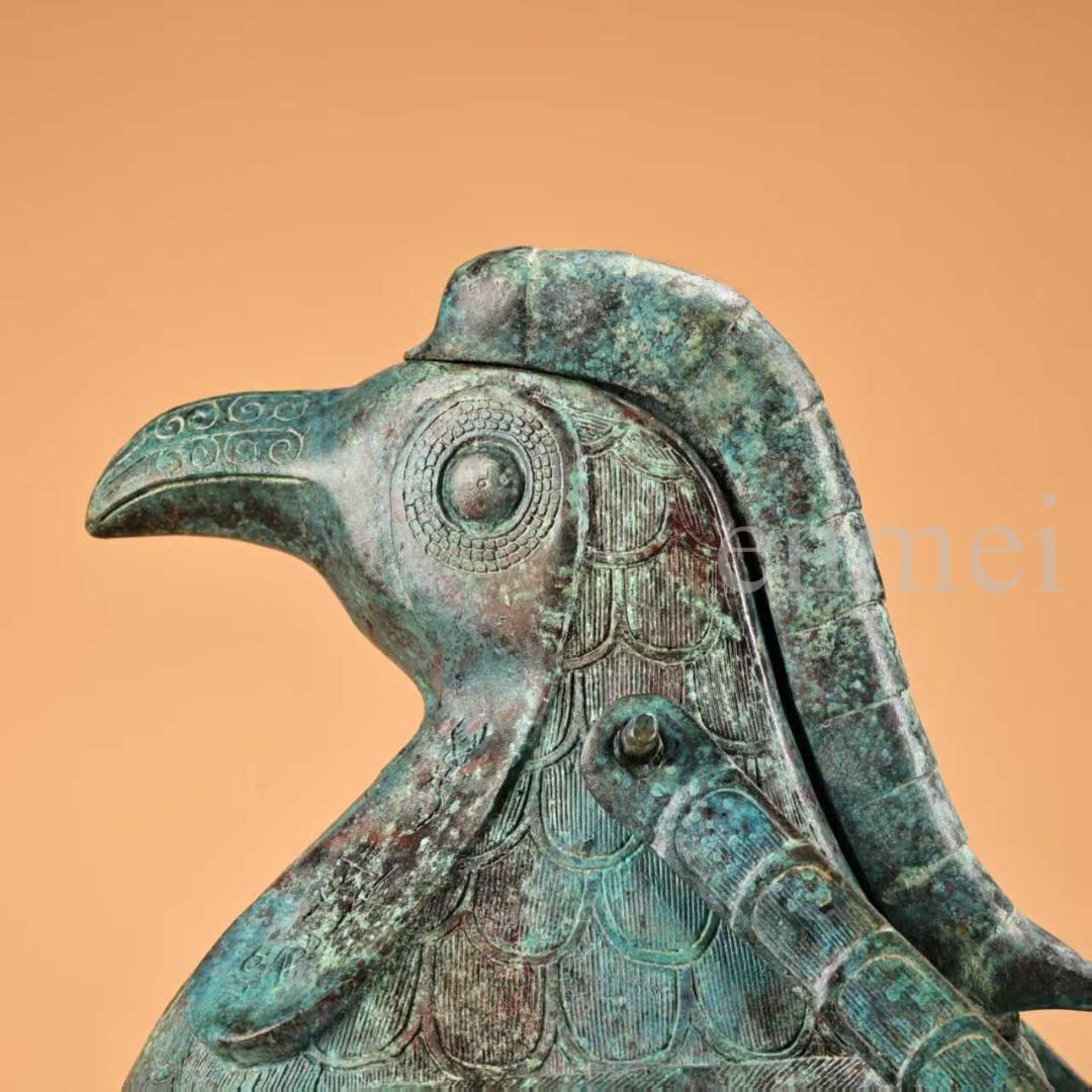 中国古美術・珍品旧藏・青銅製提梁鳥壺・鋳造・鏨刻・純銅製・