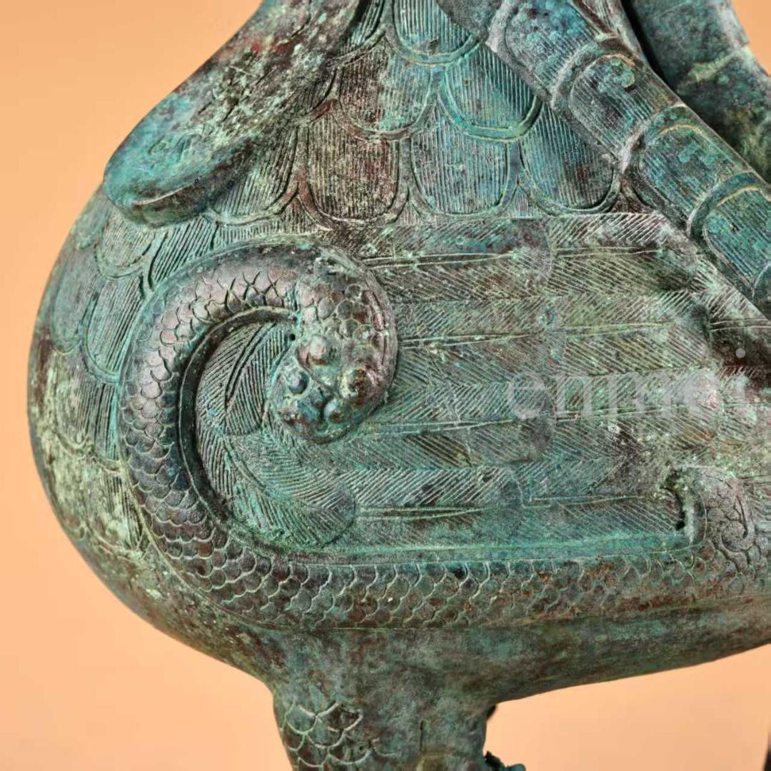 中国古美術・珍品旧藏・青銅製提梁鳥壺・鋳造・鏨刻・純銅製・
