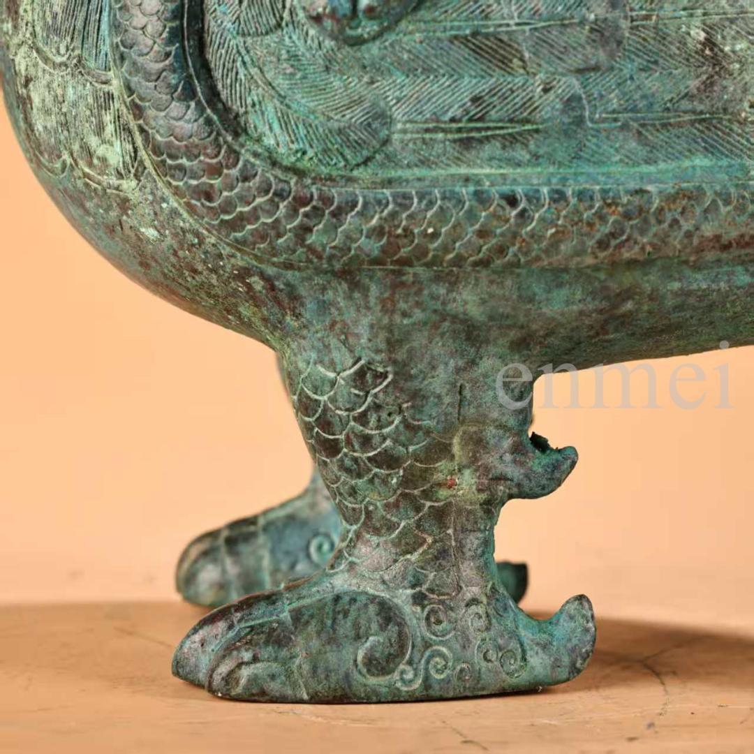 中国古美術・珍品旧藏・青銅製提梁鳥壺・鋳造・鏨刻・純銅製・