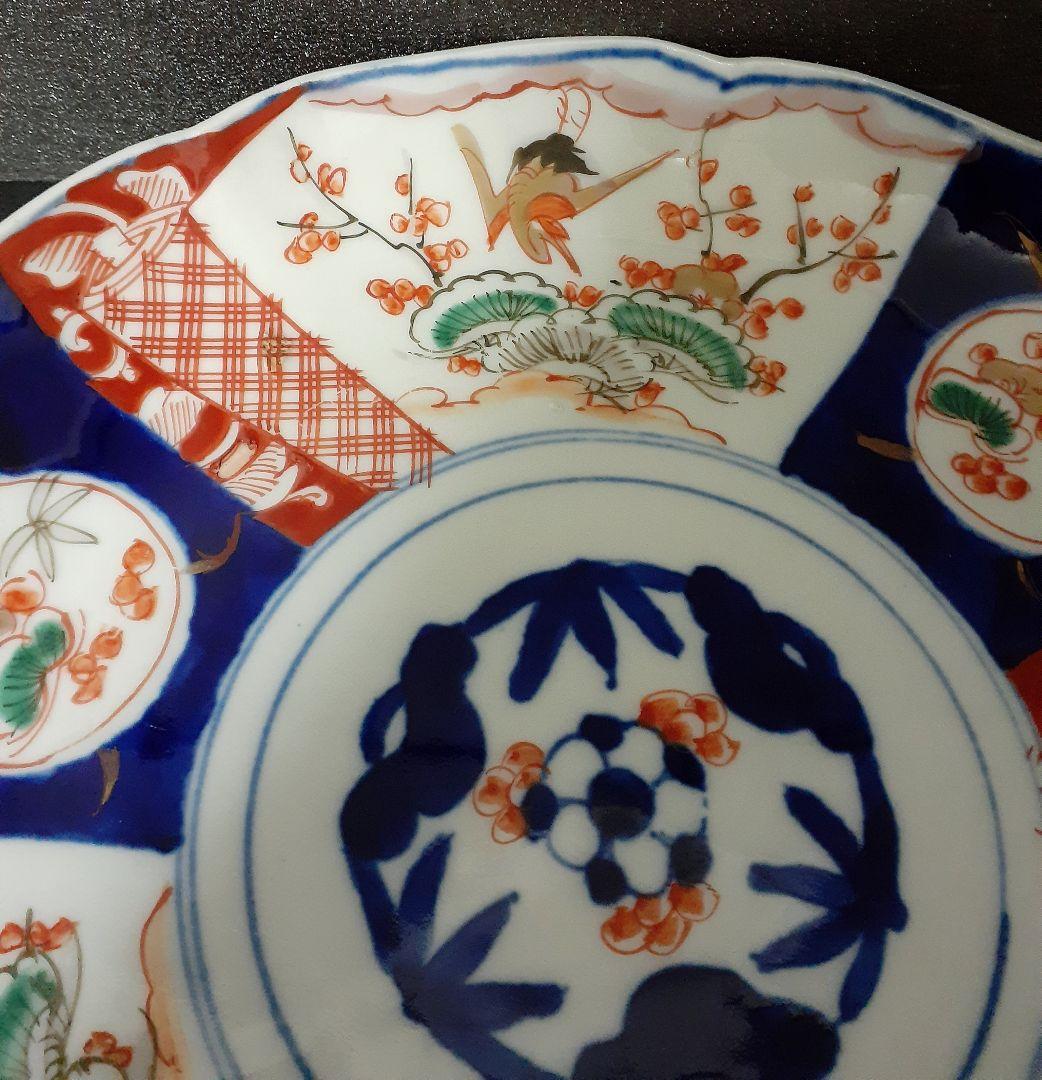 明治時代 古伊万里 錦手 見込みに松竹梅 松梅に金彩鶴の図 輪花八寸皿