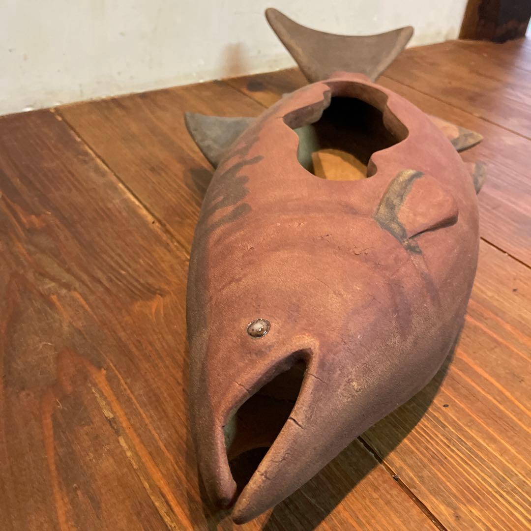 美品 陶芸 焼物 魚 花器 陶器 花瓶 オブジェ 重厚感ある 花入