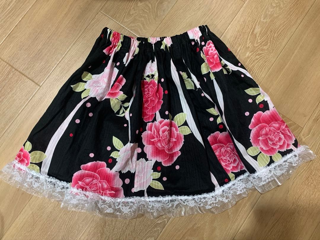 浴衣ドレス　姫ギャル　地雷　量産　平成　花柄　レース　かわいい　バラ　黒ピンク