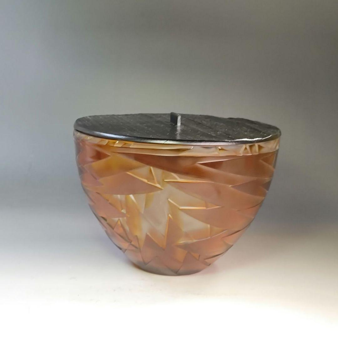 イ951 水指『硝子 ガラス 作家物 鳥文切子 水指 替蓋付』