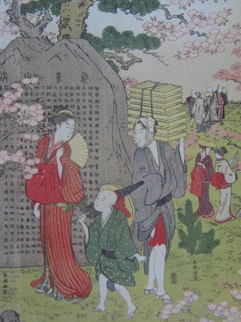 勝川春潮、【飛鳥山花見】、希少画集画より、状態良好、新品高級額装付