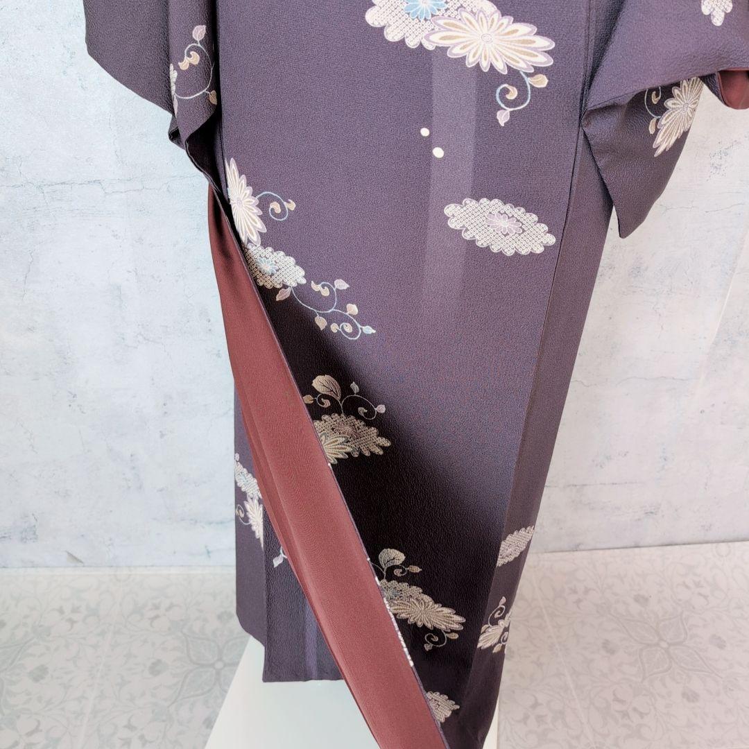 小紋 フルセット 着物 正絹 暗紫 花 おしゃれ F2