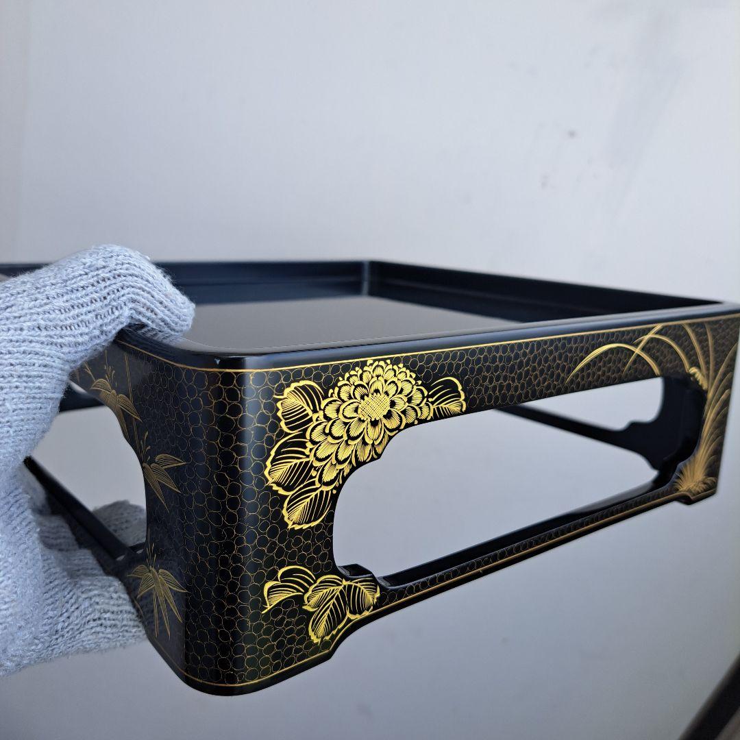 【輪島塗　7.5寸\"2段重箱&重箱台】布着本堅地　沈金\"四君子　未使用品