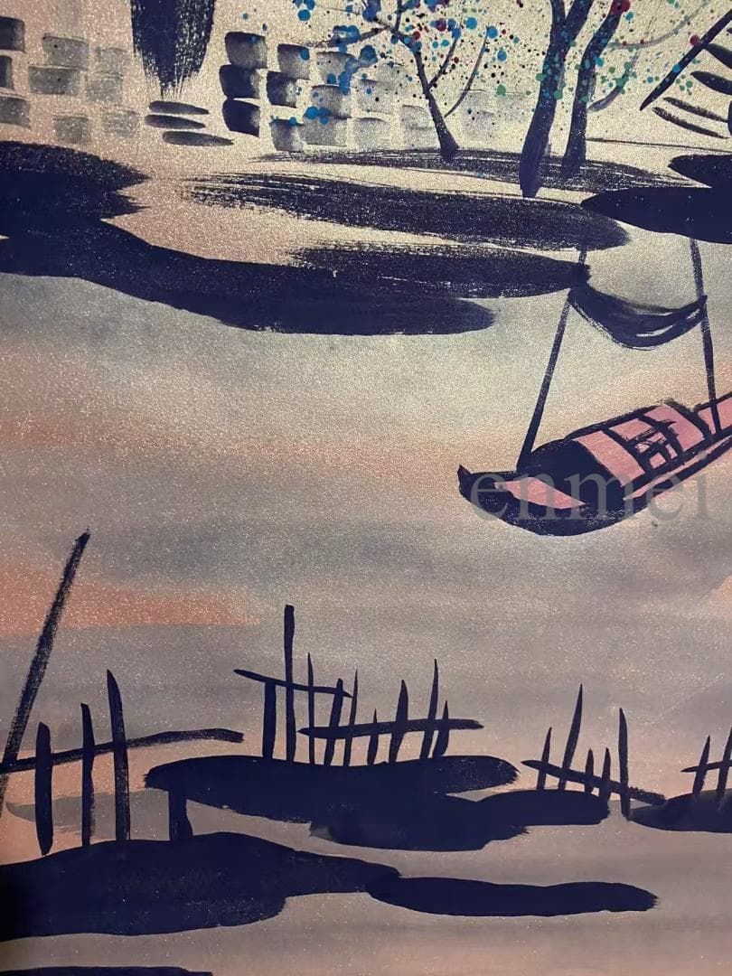 中国古美術・旧藏・近現代・吳冠中款・金箋・山水風景画・中堂掛軸・