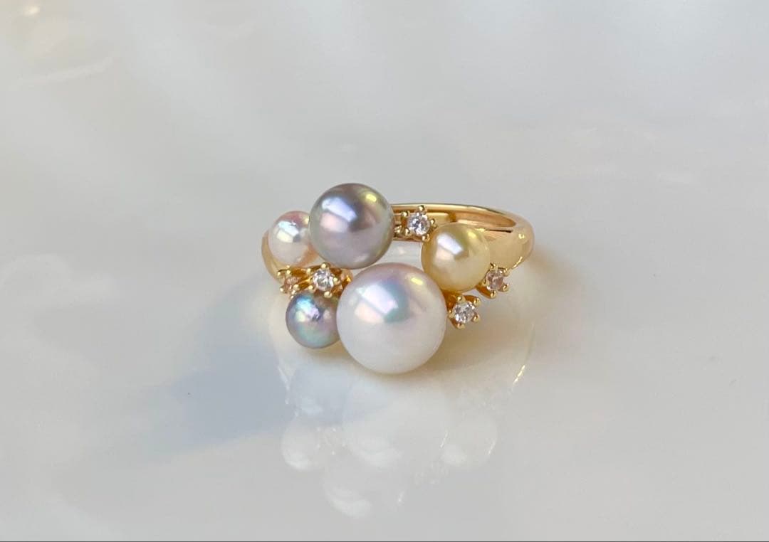 あこや真珠 ミラー調本真珠 s925リング 指輪 マルチカラー 一点物 白の序章