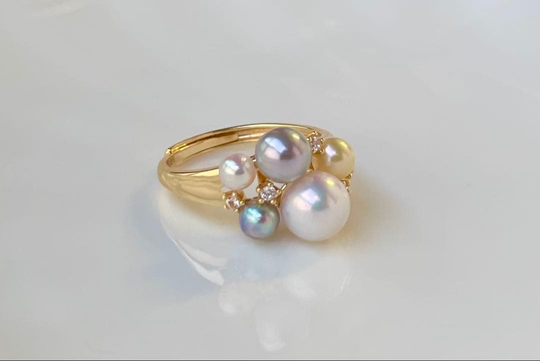 あこや真珠 ミラー調本真珠 s925リング 指輪 マルチカラー 一点物 白の序章