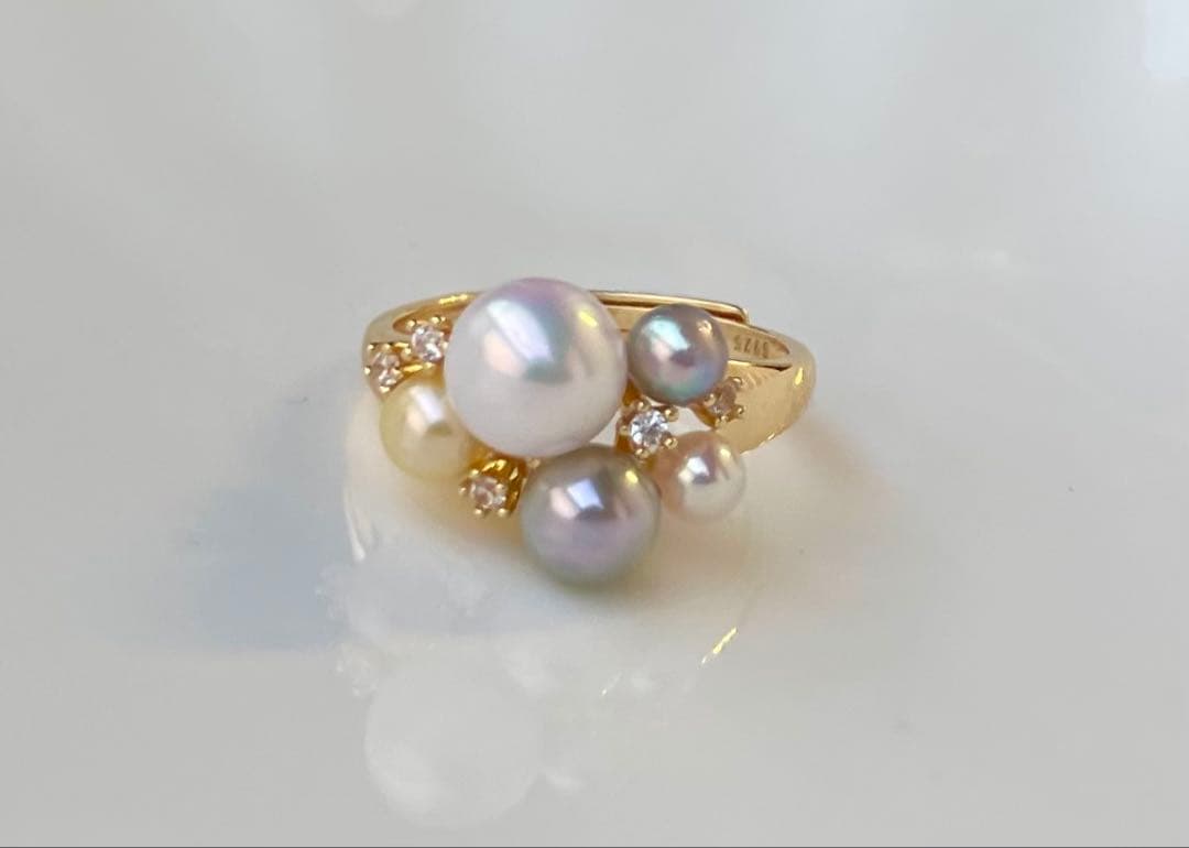 あこや真珠 ミラー調本真珠 s925リング 指輪 マルチカラー 一点物 白の序章