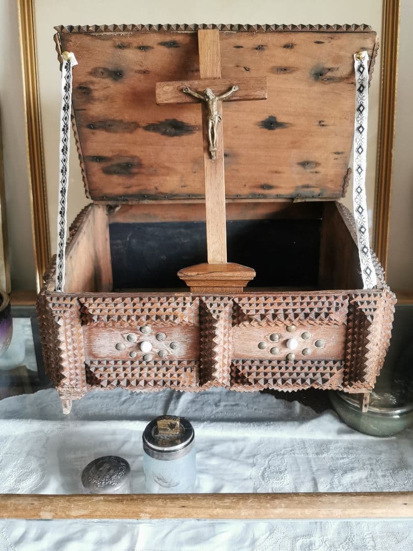 アンティーク トランプアート 木工レース細工ボックス 針箱 フレンチ